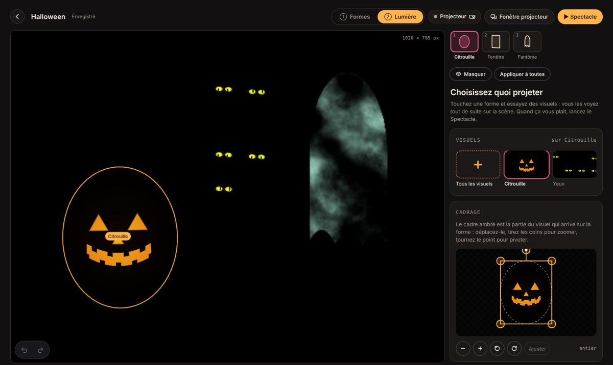 Interface de Mappa Luce en mode Lumière : formes Citrouille, Fenêtre et Fantôme avec leurs visuels animés