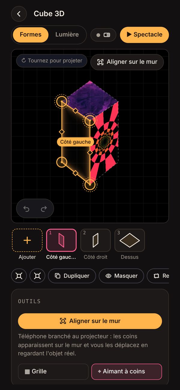 Mappa Luce sur téléphone : ajustement des coins d’un cube 3D en mode Formes